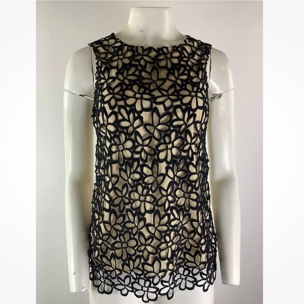 Lola Rose Sz XS Lace Front Sleeveless Blouse Black Tan Cotton Silk Top